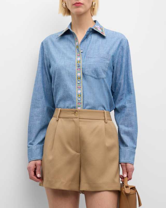 Udine Floral-Embroidered Chambray Denim Shirt